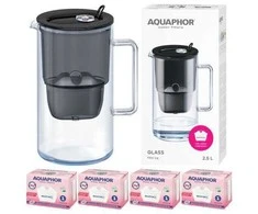 Aquaphor Glass 2,5 l stiklinis filtravimo ąsotis + 4 Maxfor Mg filtrai, juodas