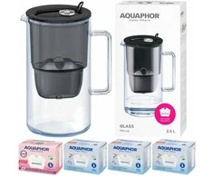 Aquaphor Glass 2,5 l stiklinis filtravimo ąsotis + 4 Maxfor filtrų (1Mg+3), juodas
