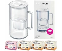 Aquaphor Glass, stiklinis 2,5 l filtravimo ąsotis su 4vnt kasečių (1Mg+3H), baltas