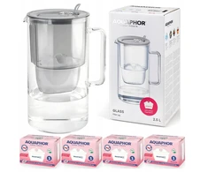 Vandens filtravimo ąsotis Aquaphor Glass 2,5L, pilkas, su 4 vnt vandens filtrų