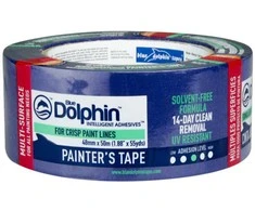 Blue Mėlyna Vidutinio lipnumo dažymo juosta Mėlynas DOLPHIN jautriems paviršiams (14 dienų) 30 mm x 50 m.