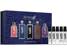 Afnan Discovery Set 9pm EDP rinkinys moterims (EDP 9pm 2 ml + EDP 9pm Rebel 2 ml + EDP 9pm Femme 2 ml + EDP 9am Femme 2 ml + EDP 9am Dive 2 ml)