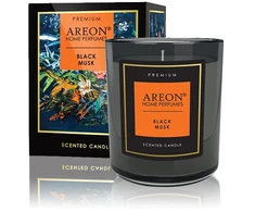 Aromatinė žvakė Juodas MUSK su kortele palinkėjimui įrašyti ir degtukais (~40 h), 200g │ AREON