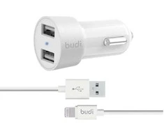 Budi - 2 USB automobilinis įkroviklis su LED indikatoriumi+žaibo laidu