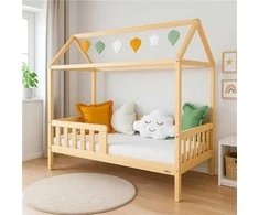 Children s house bed with guardrail and slatted frame New Baby CASTELLO 160x80 cm natural
