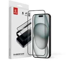 „Crong 3D Armour Glass“ – 9H grūdintas pilnai klijuojamas stiklas, skirtas „iPhone 16“ / „iPhone 15“ ir kitiems telefonams, skirtas montavimo rėmeliui.