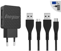 Energizer HardCase – 2x USB-A 12W maitinimo įkroviklis + USB-C ir mikro USB laidas (juodas)
