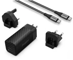 Energizer Ultimate – kelių kištukų ES / JK / JAV GaN USB-C ir USB-A 65 W PD maitinimo įkroviklis + USB-C laidas (juodas)