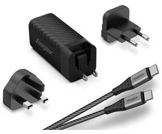 Energizer Ultimate – kelių kištukų ES / JK / JAV GaN USB-C ir USB-A 65 W PD maitinimo įkroviklis + USB-C laidas (juodas)