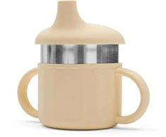 Kūdikių silikoninis puodelis 2in1 New Baby smėlio spalvos