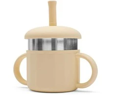 Kūdikių silikoninis puodelis 2in1 New Baby smėlio spalvos