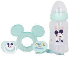 Mickey Mouse - rinkinys kūdikiui (buteliukas su speneliu 240ml, anatominis žindukas, dantukas, dantukų laikiklis) (Cool)