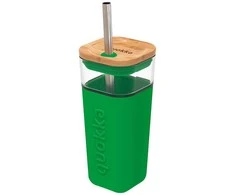 Quokka Liquid Cube - stiklinis puodelis 540 ml su nerūdijančio plieno šiaudeliais (žalias)