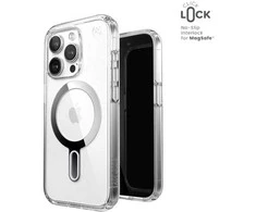 Speck Presidio Perfect-Clear ClickLock &amp; Magsafe – dėklas, skirtas iPhone 15 Pro (skaidrus / chromo apdaila / ramus sidabras)