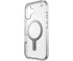 Speck Presidio Perfect-Clear ClickLock &amp; MagSafe – dėklas, skirtas iPhone 16 (skaidrus / chromo apdaila / ramus sidabras)