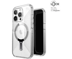 Speck Presidio Perfect-Clear Grip ClickLock &amp; Magsafe – dėklas, skirtas iPhone 15 Pro (skaidrus / chromo apdaila / ramus sidabras)
