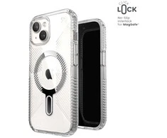 Speck Presidio Perfect-Clear Grip ClickLock &amp; MagSafe – dėklas, skirtas iPhone 16e / iPhone 15 / iPhone 14 / iPhone 13 (Clear / Chrome Finish / Serene Sidabrinis)