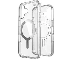 Speck Presidio Perfect-Clear MagSafe – dėklas, skirtas iPhone 16 (skaidrus / chromo apdaila / ramus sidabras)