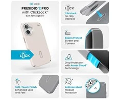 Speck Presidio2 Pro ClickLock &amp; MagSafe – dėklas, skirtas iPhone 16 (balintas kaulas / Heirloom Gold / Hazel Brown)