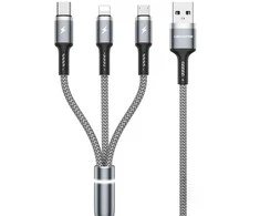 WEKOME WDC-119 „Fython“ serija – „trys viename“ USB-A prie „Lightning“ + USB-C + „Micro USB PD“ jungiamasis laidas, 1,2 m (sidabrinis)