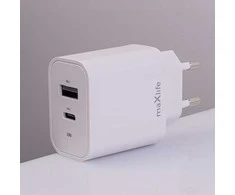 Maxlife MXTC-06-20AC PD QC įkroviklis 1x USB-C 1x USB 20W baltos spalvos + USB-C - Lightning kabelis 20W