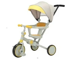 Double Horse Triratis TRIKE FIX V4 vaikams geltonai pilkas su baldakimu