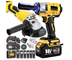 Akumuliatorinio smūginio veržliasūkio ir kampinio šlifuoklio rinkinys Happy people HP-GS Max ImpactGrind V6 2 akumuliatoriai 88V, 350 Nm, M14