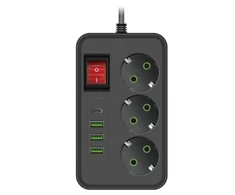 Išmanus juodos spalvos prailgintuvas su USB ir Type-C jungtimis Happy People, KK-24