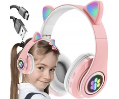 LED šviesomis šviečiančios belaidės ausinės, rožinės su ausytėmis, Happy people M-25