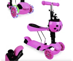 Triratis balansinis paspirtukas boružėlė su stūmimo rankena Scooter 3in1, rožinis