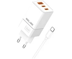 Beline Laidinis įkroviklis 2x USB-C + 1x USB 65W + kabelis USB-C baltos spalvos PD 3.0 + QC 3.0 BLN3CW65C GaN