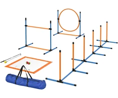 PawHut Agility rinkinys šunims 9 dalių agility įranga šunims mokyti Įtraukiamas kliūčių rinkinys su slalomo stulpais Šuolių lankas 2 reguliuojamo aukščio kamuoliai Kliūtys Koordinacijos lavinimas žaidimams Mokymas