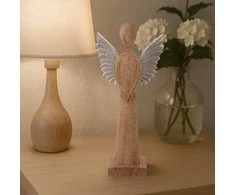 Angelo figūrėlė iš mangmedžio su metaliniais sparnais, ruda ir sidabrinė, 14 × 5 × 32 cm