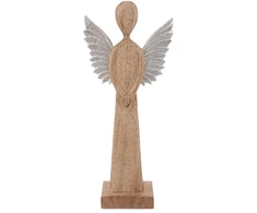 Angelo figūrėlė iš mangmedžio su metaliniais sparnais, ruda ir sidabrinė, 14 × 5 × 32 cm