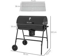 Outsunny metalinis anglies grilis, BBQ rūkykla su dangčiu, termometru, ratukais ir reguliuojama anglių talpykla, kilnojamas anglies grilis, kepsninė stovyklavimui, terasai, 95x71,5x102 cm