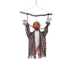 Animuota pakabinama zombio dekoracija su raudonomis LED akimis, pilka-raudona-balta, 110 cm