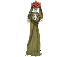 Animuotas iššokantis moliūgo skeletas su LED apšvietimu ir garso aktyvavimu, tamsiai žalias ir oranžinis, 50 × 20 × 173 cm
