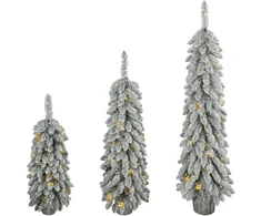 Apsnigtų dirbtinių kalėdinių eglučių rinkinys su šiltai baltu LED apšvietimu, žalias, 90–150 cm, 3 vnt.