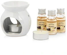 Aromatinės lempos rinkinys su 3 vanilės kvapo aliejais, baltas, 7,5 × 7,5 × 7,5 cm, 6 dalių