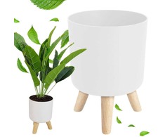 Baltas stovintis gėlių vazonas su medinėmis kojelėmis, 28 cm