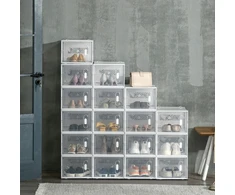 HOMCOM 18 dalių batų dėžučių rinkinys, batų organizatorius su magnetinėmis durelėmis, batų dėžutė su dangteliu, batų laikymo dėžė iš plastiko, skirta batams iki 45 dydžio, skaidri ir balta