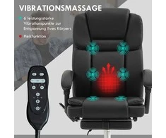 Vinsetto biuro kėdė su vibraciniu masažu, ergonomiška darbo kėdė su šildymo ir atlošimo funkcija, reguliuojamo aukščio vadovo kėdė su kojų atrama, šonine kišene, dirbtinė oda, juoda