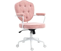 HOMCOM biuro kėdė, ergonomiška rašomojo stalo kėdė su supimosi funkcija, sagomis dekoruotas apmušalas, reguliuojamo aukščio kompiuterio kėdė su sukimosi funkcija, namų biurui, meškiuko kailio audinys, rožinė
