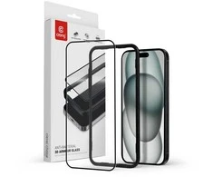 „Crong“ antibakterinis 3D šarvų stiklas – 9H visiškai klijais grūdintas stiklas, skirtas „iPhone 16“ / „iPhone 15+“ montavimo rėmelis