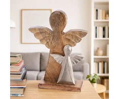 Dekoratyvinė figūrėlė su dviem angelais iš mango medienos, ruda, 23 × 6 × 32,5 cm
