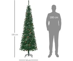Dirbtinė kalėdinė eglutė HOMCOM, 195 cm, 556 šakelės, 25 kankorėžiai, su sulankstomu metaliniu stovu, kalėdiniam dekorui, žalia