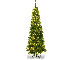 Dirbtinė kalėdinė eglutė, siaura, su LED apšvietimu, žalia, 225 cm