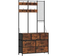 Drabužių kabykla su 14 kablių ir 7 stalčiais, rustikinė ruda ir juoda, 100 × 30 × 183 cm