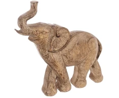 Dramblio statulėlė iš mango medienos su pakeltu straubliu, ruda, 19 × 3,5 × 20 cm