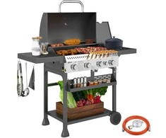 Outsunny dujinis grilis, 12 kW, 4+1 degikliai, nerūdijančio plieno grilio vežimėlis su šoniniu degikliu, termometru, grotelėmis, kaitlente, butelių atidarytuvu ir šoninėmis lentynomis, dujinis grilis balkonui, stovyklavimui, 135 x 55 x 103 cm